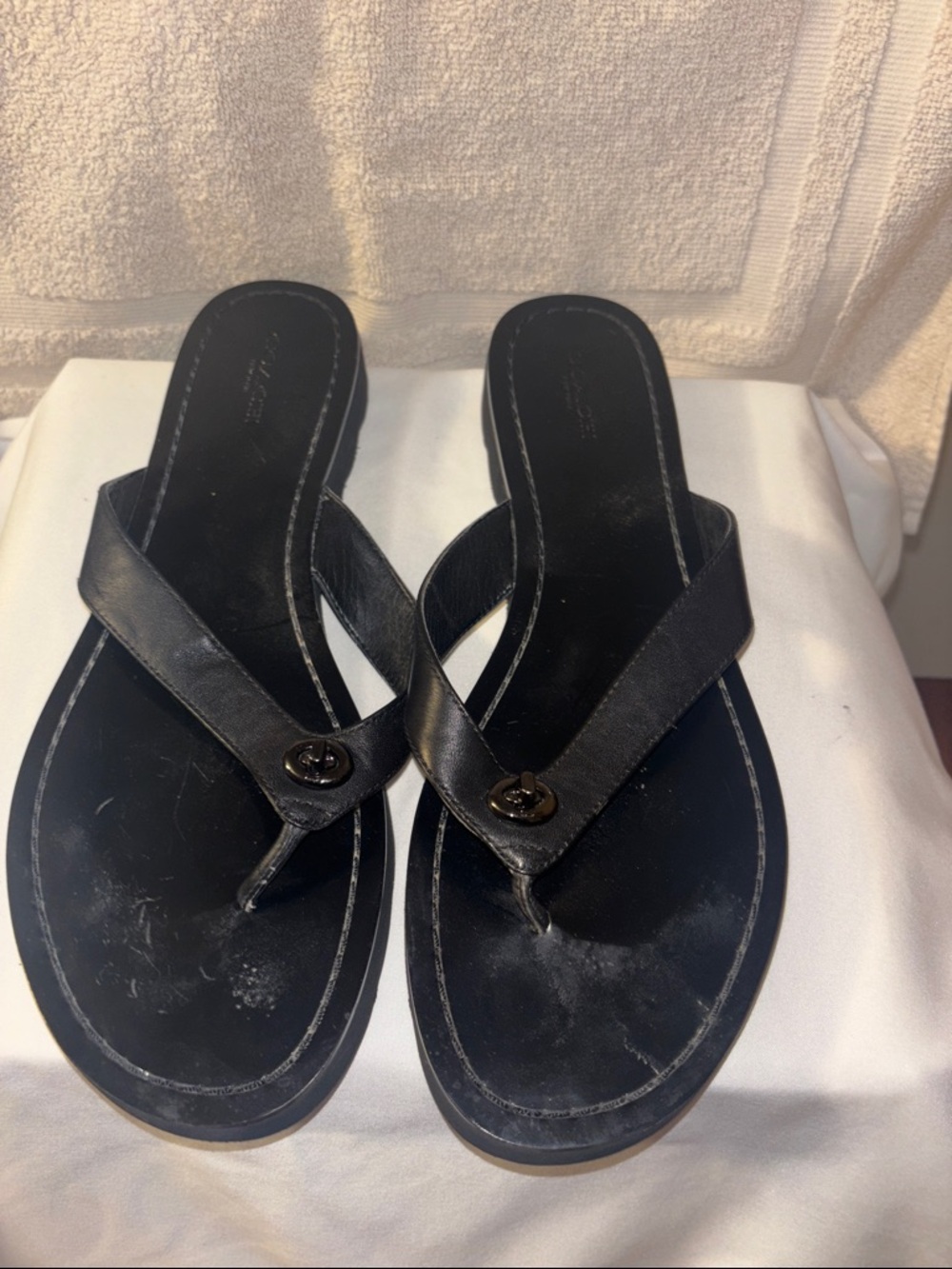 Coach Black Leather Thong Sandals with Logo Accent